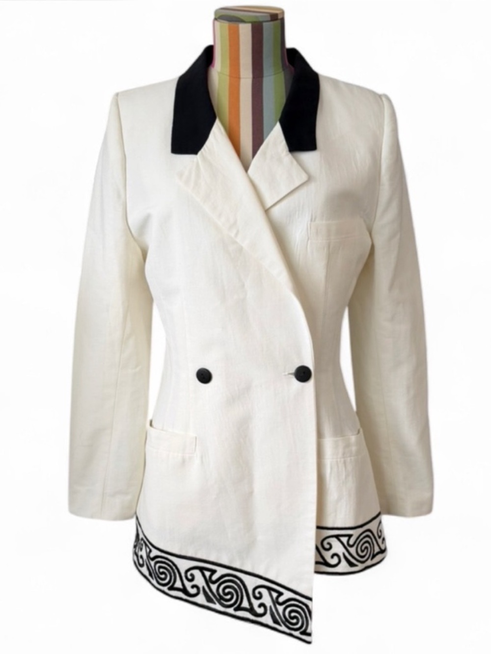 Vintage Casadei Collection Black & White Double Breasted Blazer Asymmetrical Hem